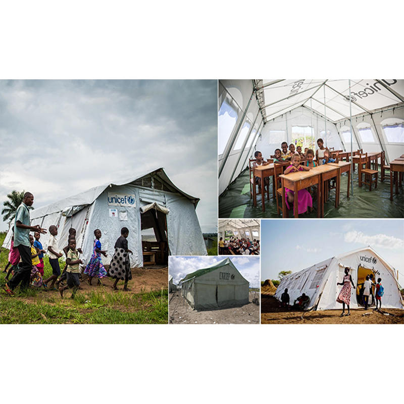 Tenda multiuso padrão UNICEF 24m² com bom sistema de ventilação