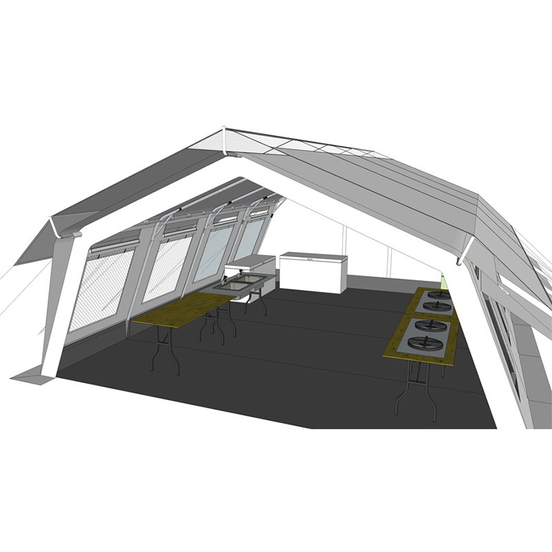 Tenda central multiuso padrão UNICEF de 42m² com cobertura de sombra integrada/removível