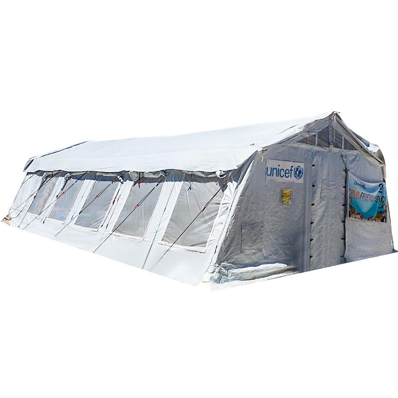 Tenda central multiuso padrão UNICEF de 72m² usada para armazenamento, hospital, dispensário, escola, escritório